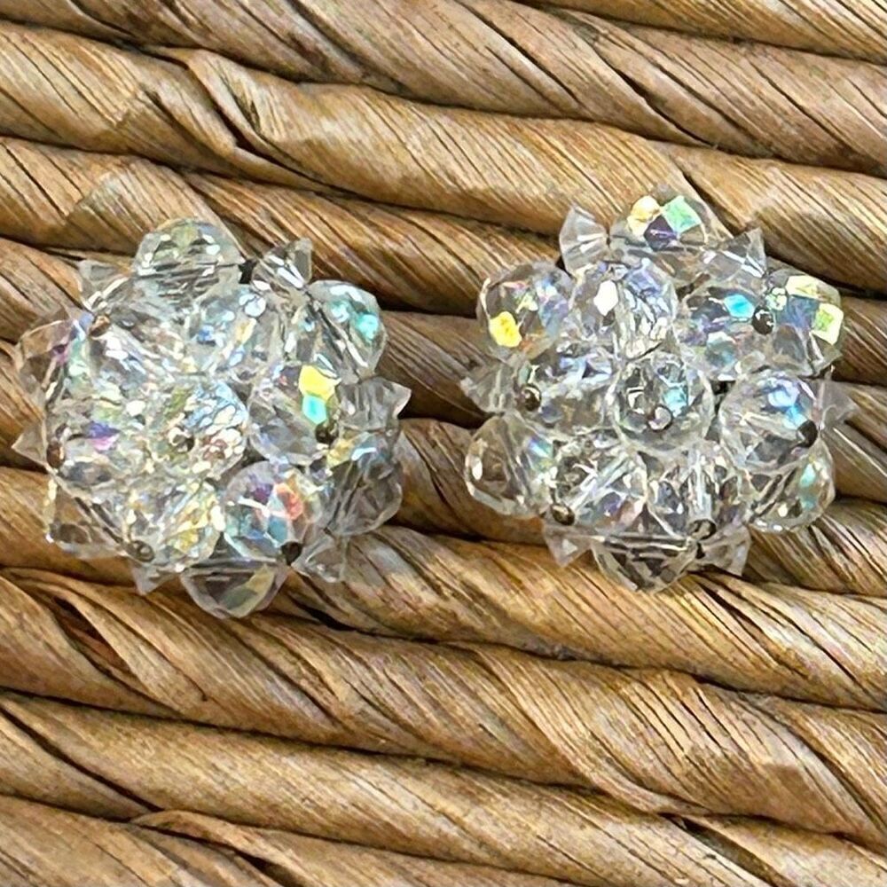 Vintage AB Rhinestones Clip-On Earrings Clear Aurora Borealis Silver-tone Round